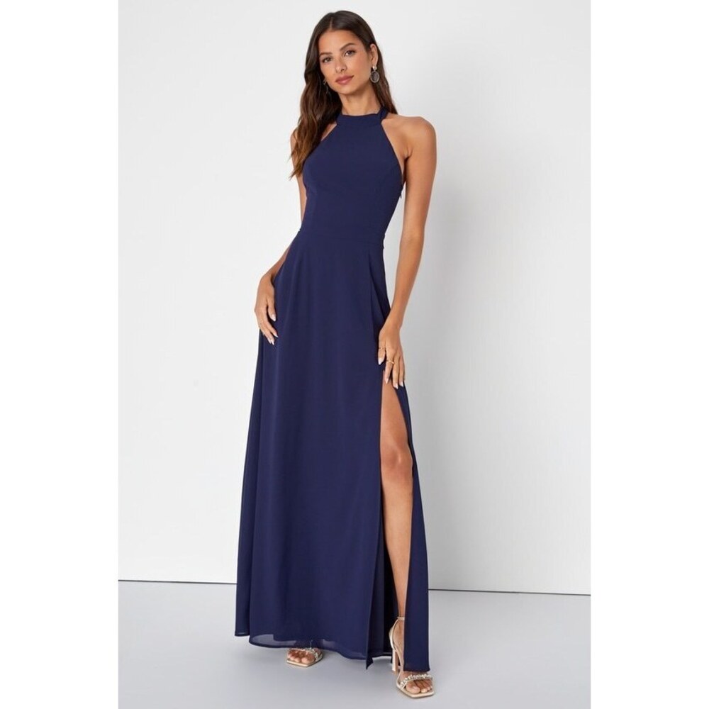 Lulus Confidently Charismatic Navy Blue Backless Halter Maxi Dress - Size L